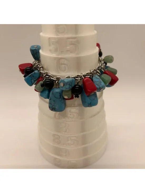 Disney Mickey Mouse Sterling Silver Tone Turquoise Coral & Black Stones Charm Br - Picture 8 of 10